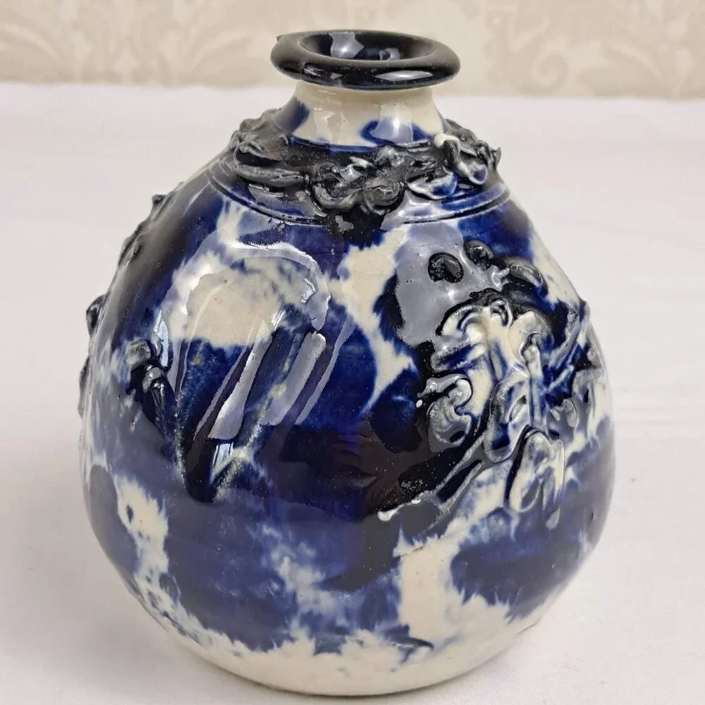 Blue & White Handcrafted Stoneware Pottery Incense Holder/Bud Vase Vintage